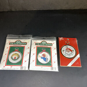 3 Vintage Framed Christmas Ornaments Cross Stitch Kits Wreath Angel Santa 1980s